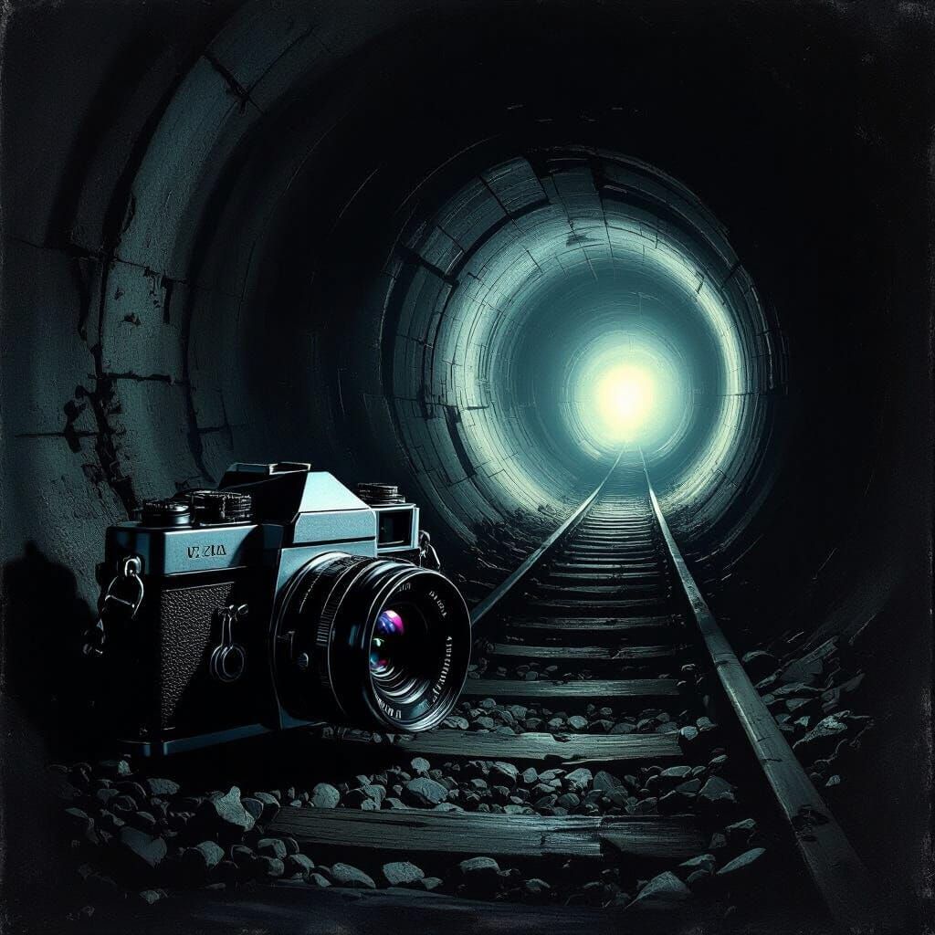 Vintage Camera in Tunnel Towards Hopeful Light