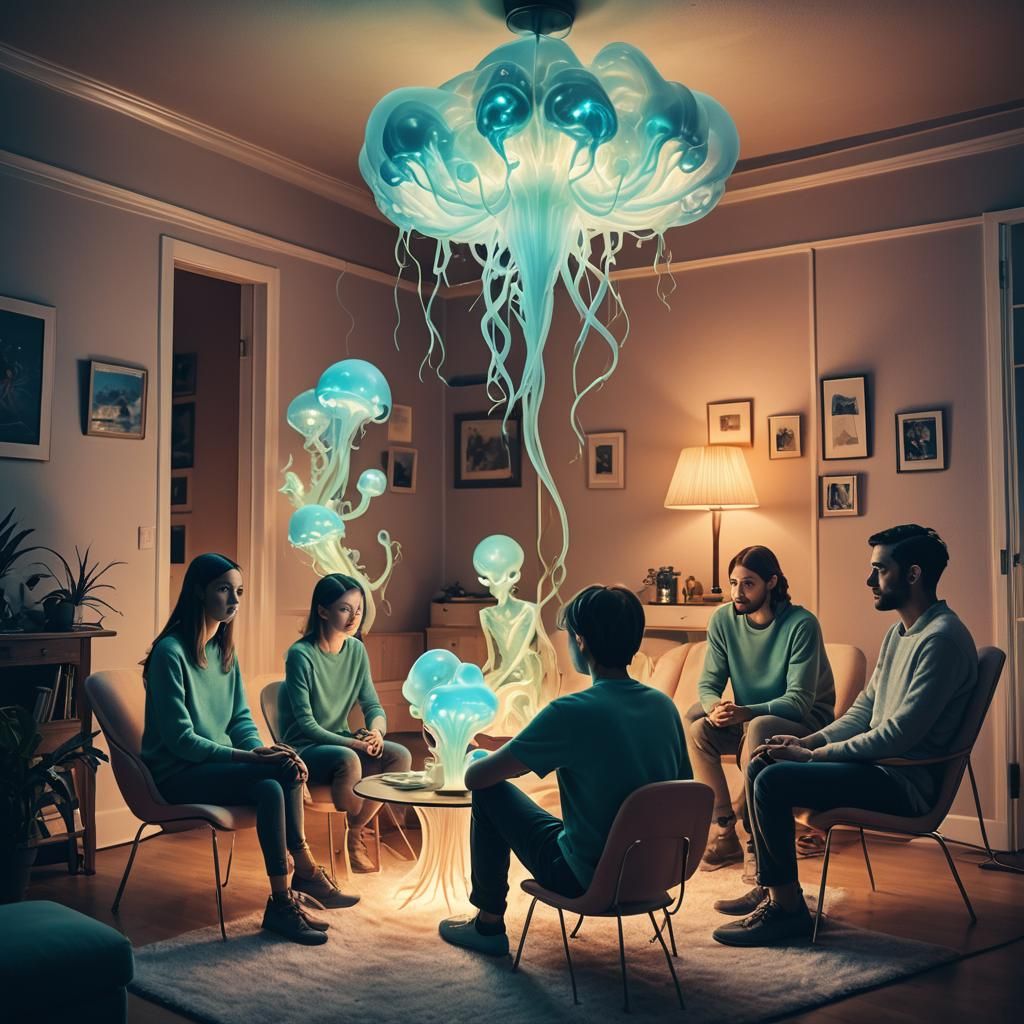 Bioluminescent Alien Family Around a Designer Lamp