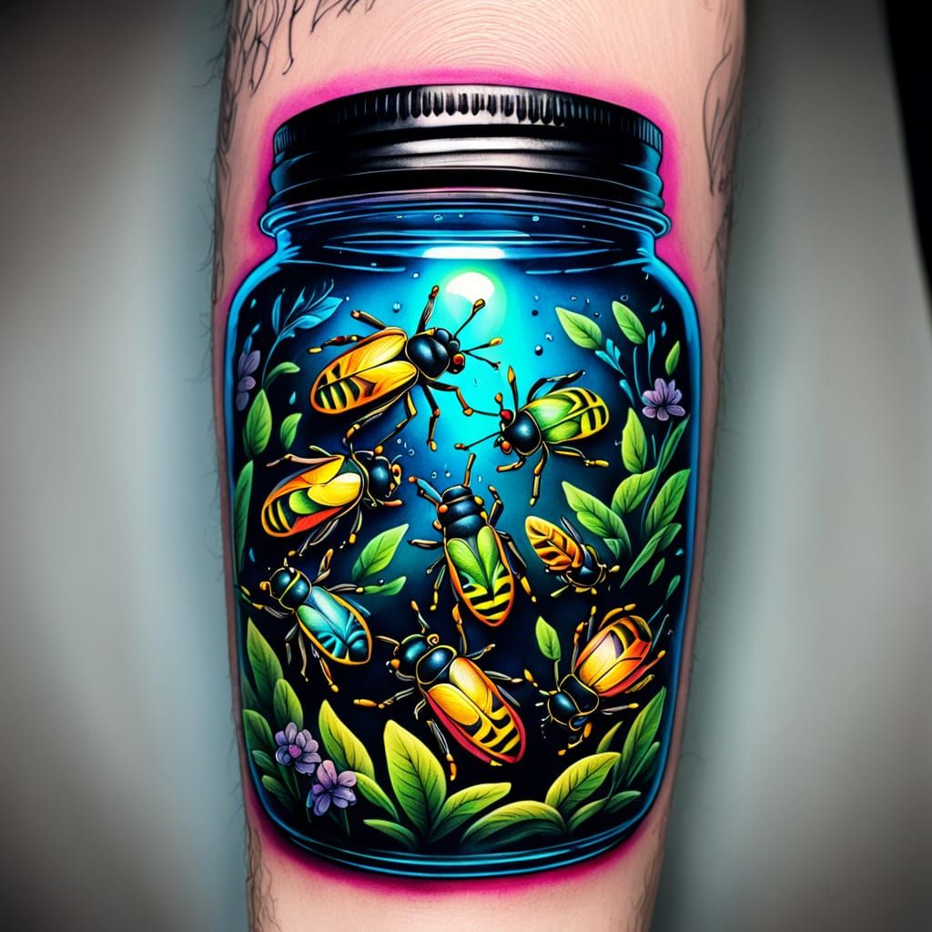 Jar of Glowing Lightning Bugs: New School Tattoo Design
