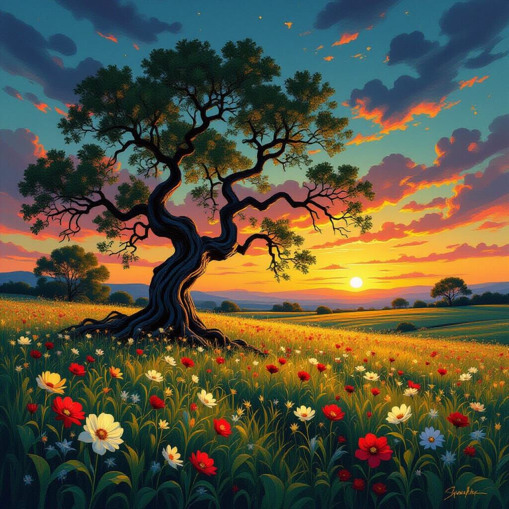 Majestic Tree with Alien Flora in Impressionist Style
