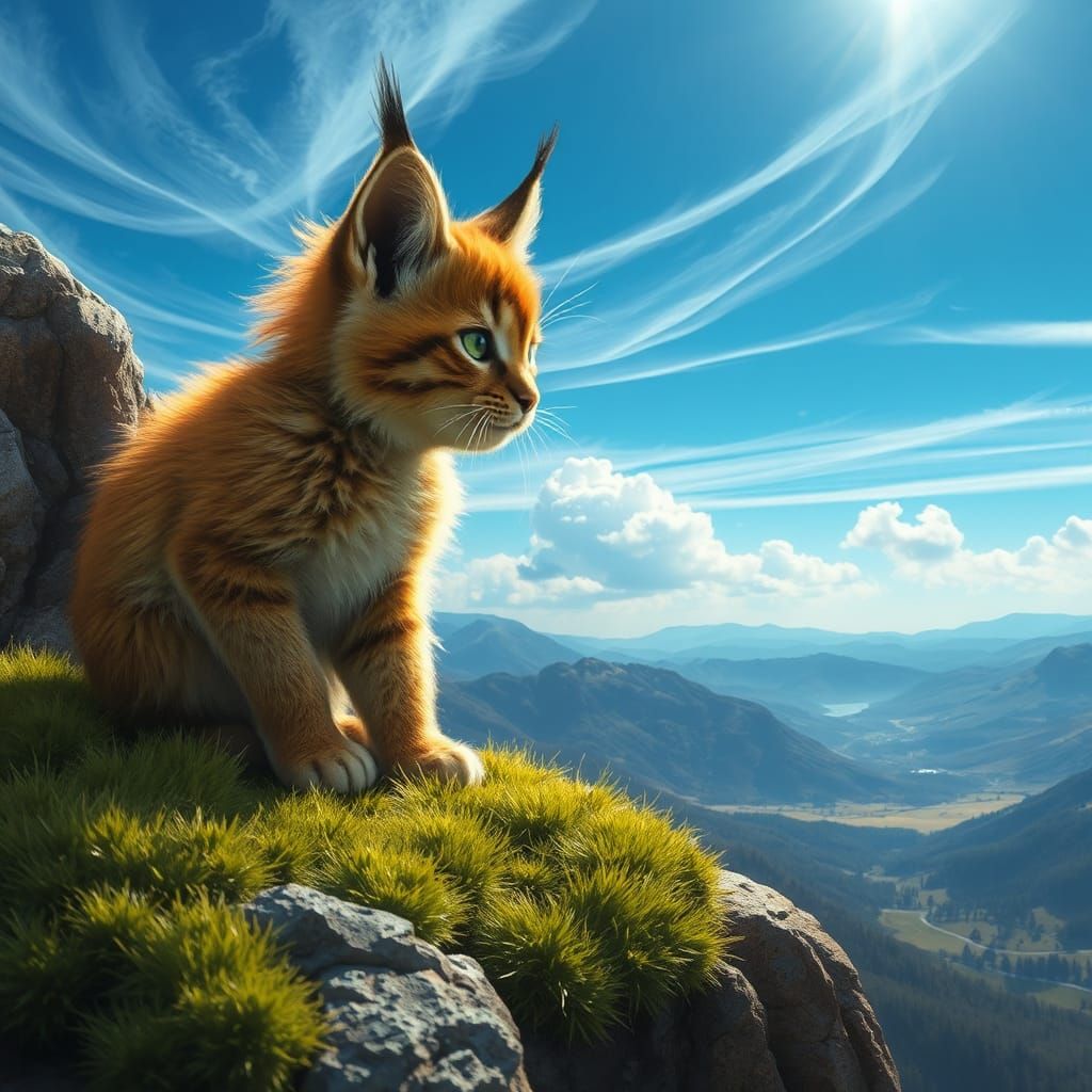 Iberian Lynx Kitten Overlooking Valley, Detailed Matte Paint...