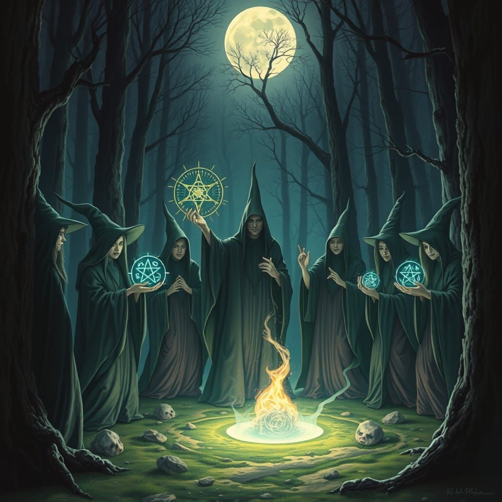 Witches Spellcasting in Moonlit Forest Digital Art