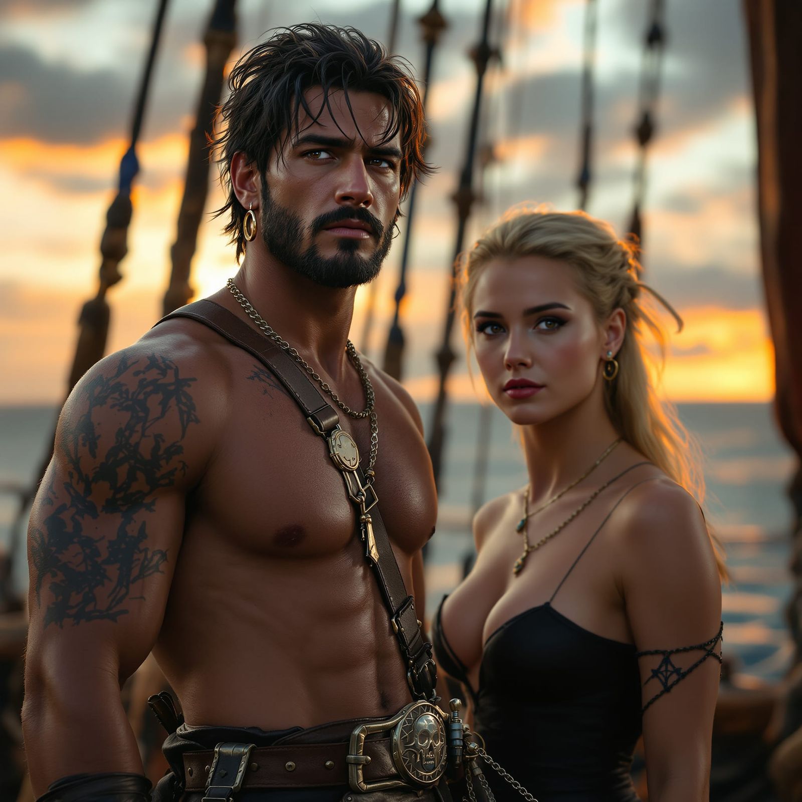 Rugged Pirate Captain and First Mate at Sunset