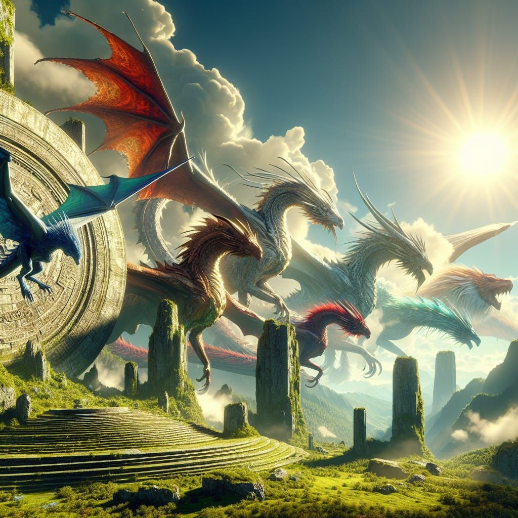 Dragons Soaring Over Stone Circle Under Azure Sky