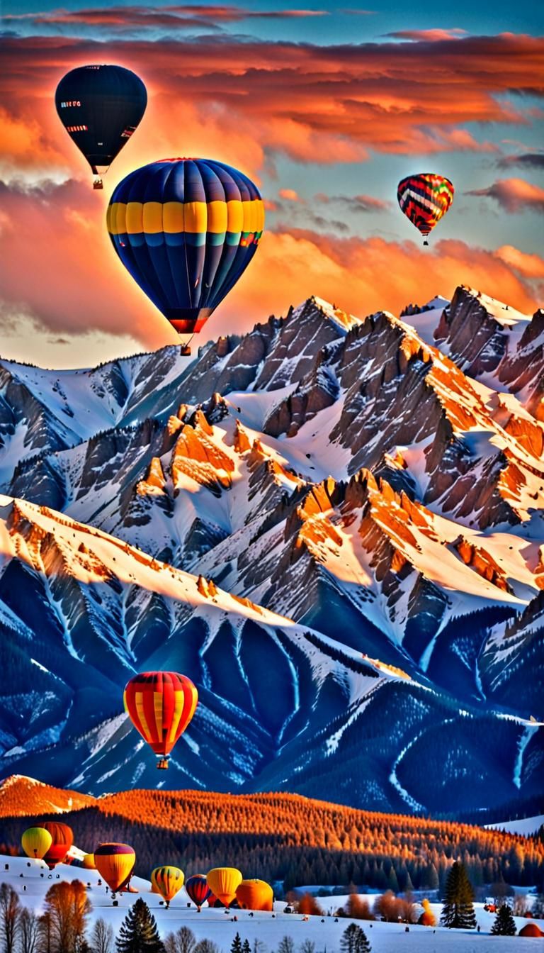 Colorful Hot Air Balloons Over Snowy Mountains