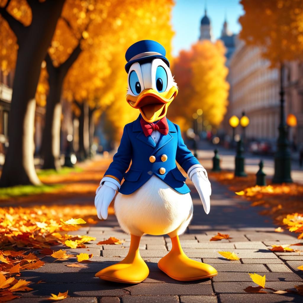 Donald Duck Walks in Sunny Autumn City