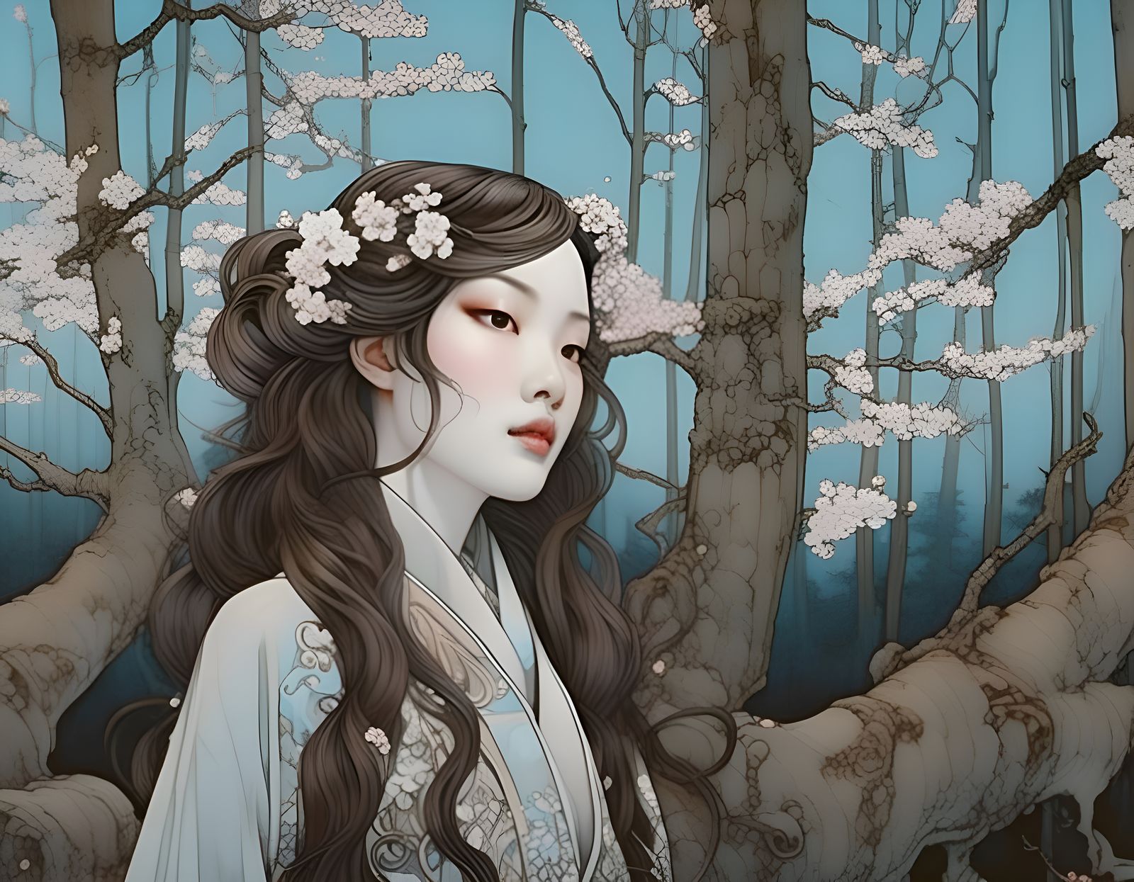 Cherry Blossom Woodland Clearing in Surrealist Style