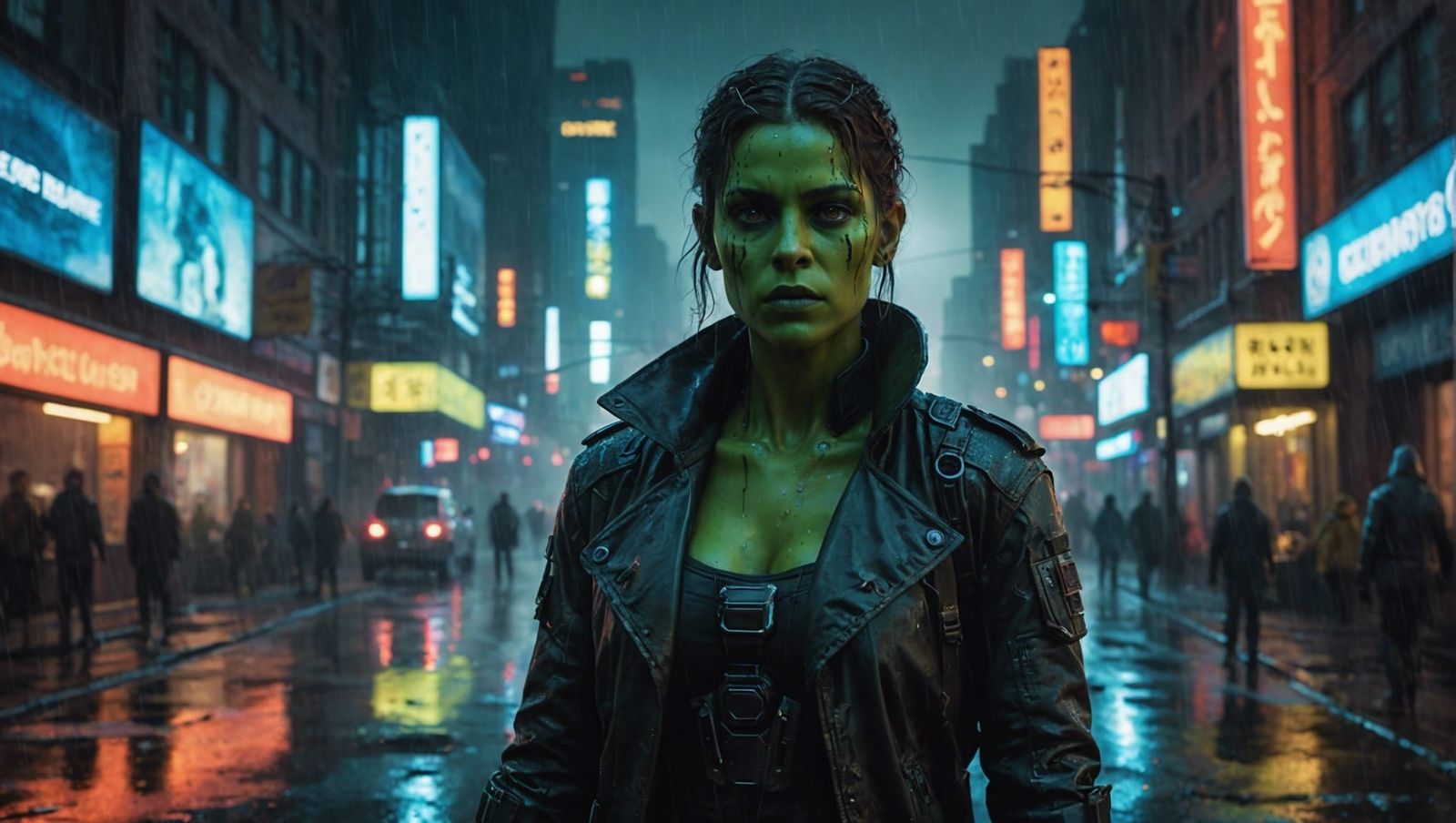 Cyborg Orc in Cyberpunk Cityscape: Tonalist Illustration