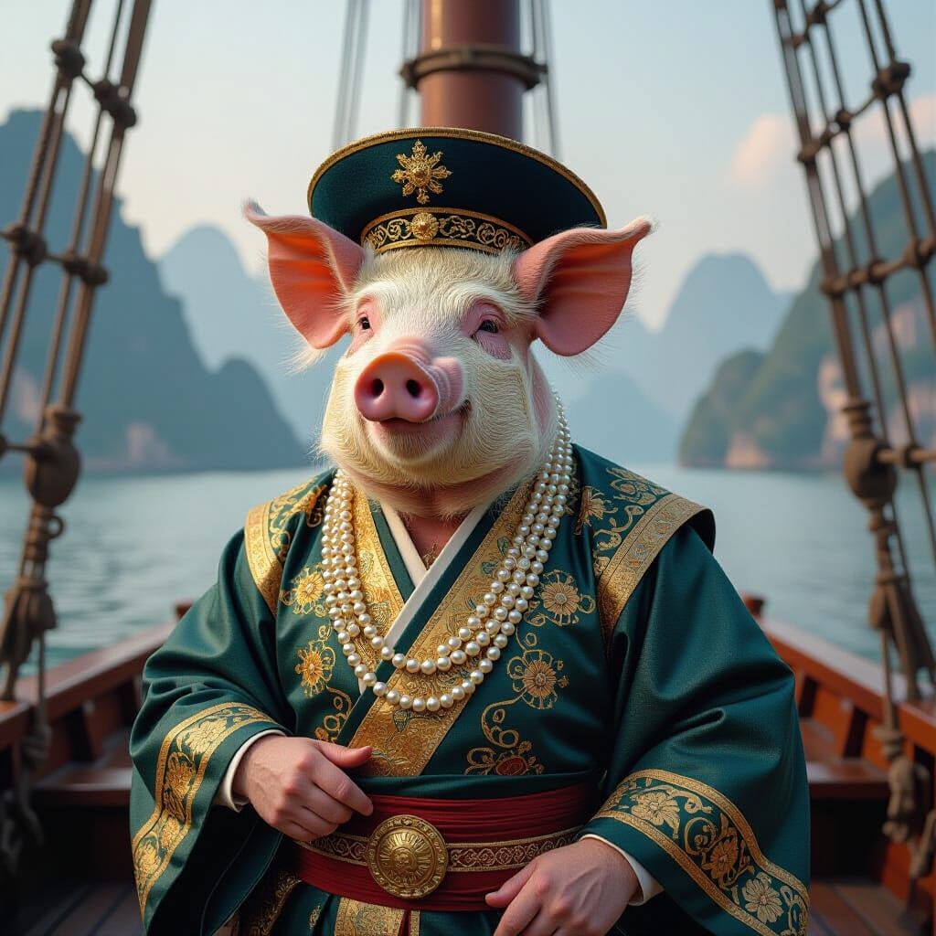 Pig as Marco Polo on Chinese Junk, Art Nouveau