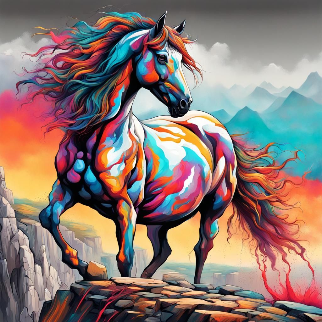 Majestic Horse Overlooking Wilderness in Graffiti Art