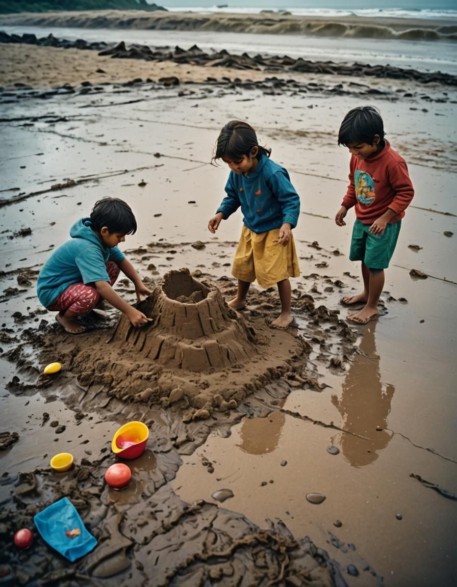 Children Building Sandcastle on Beach in Cinematic Style