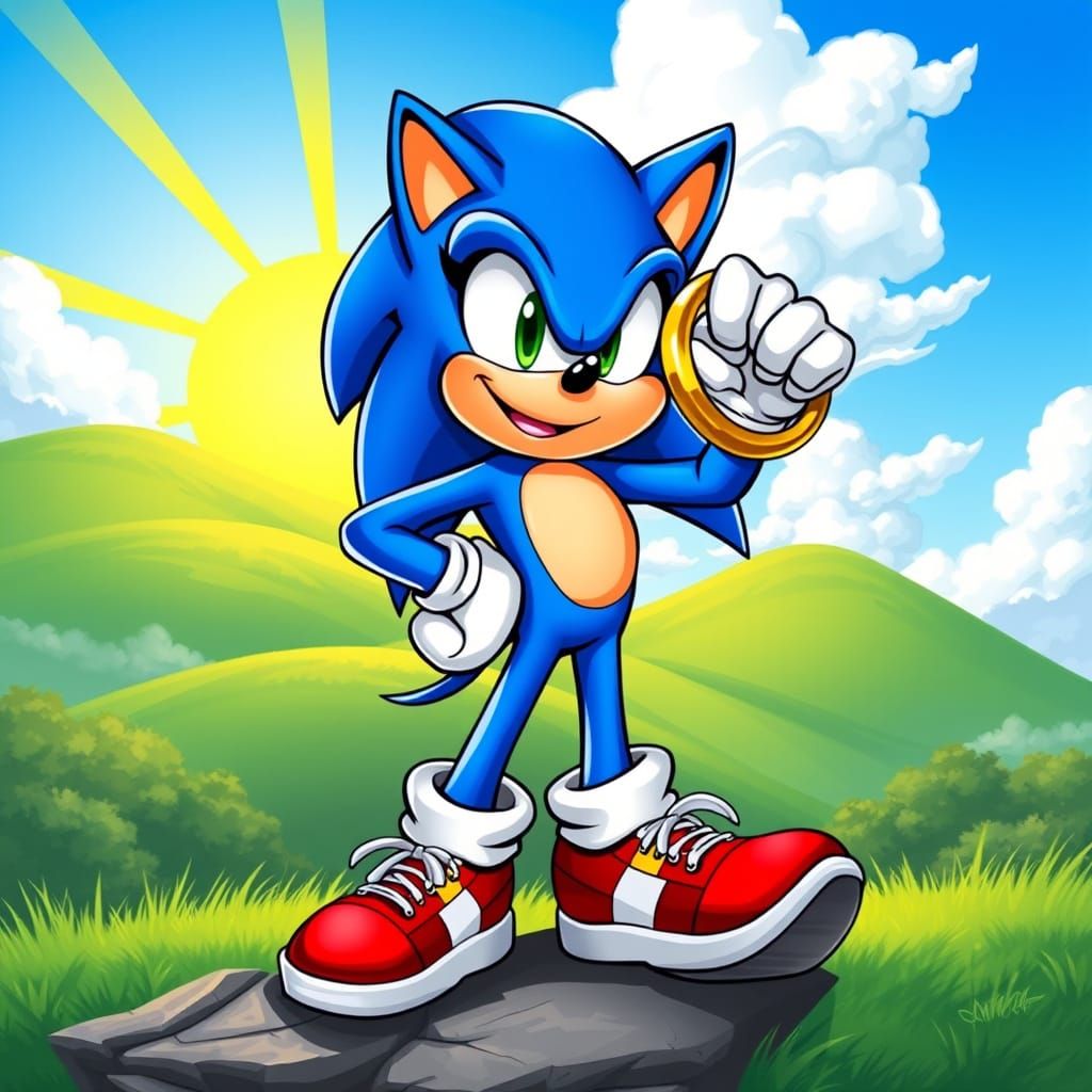 Heroic Blue Hedgehog in Sunny Comic Book Style