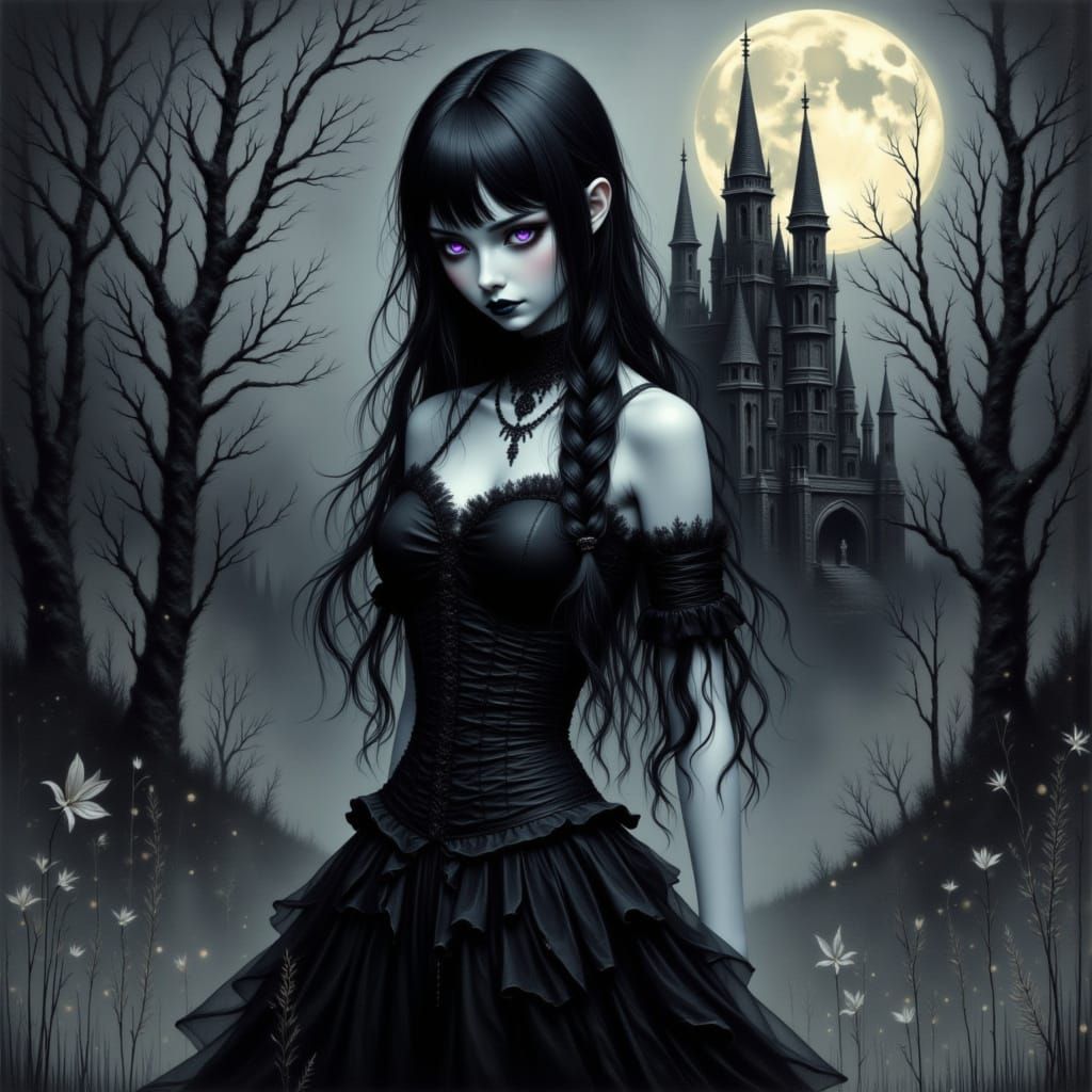 Mysterious Gothic Anime Woman in Moonlit Castle Ruins