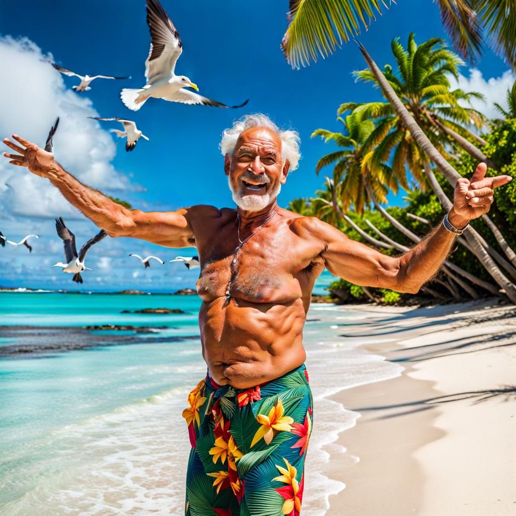 Farmer's Dance: Tropical Beach Celebration with Birds