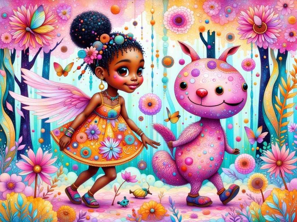 Whimsical African Girl and Winged Companion in Zentangle For...