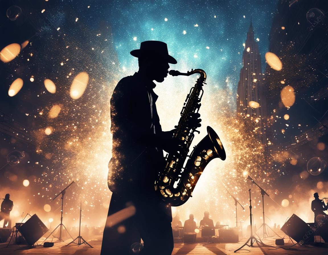 Saxophone Player Silhouette on Chicago Stage in Dark Fantasy...