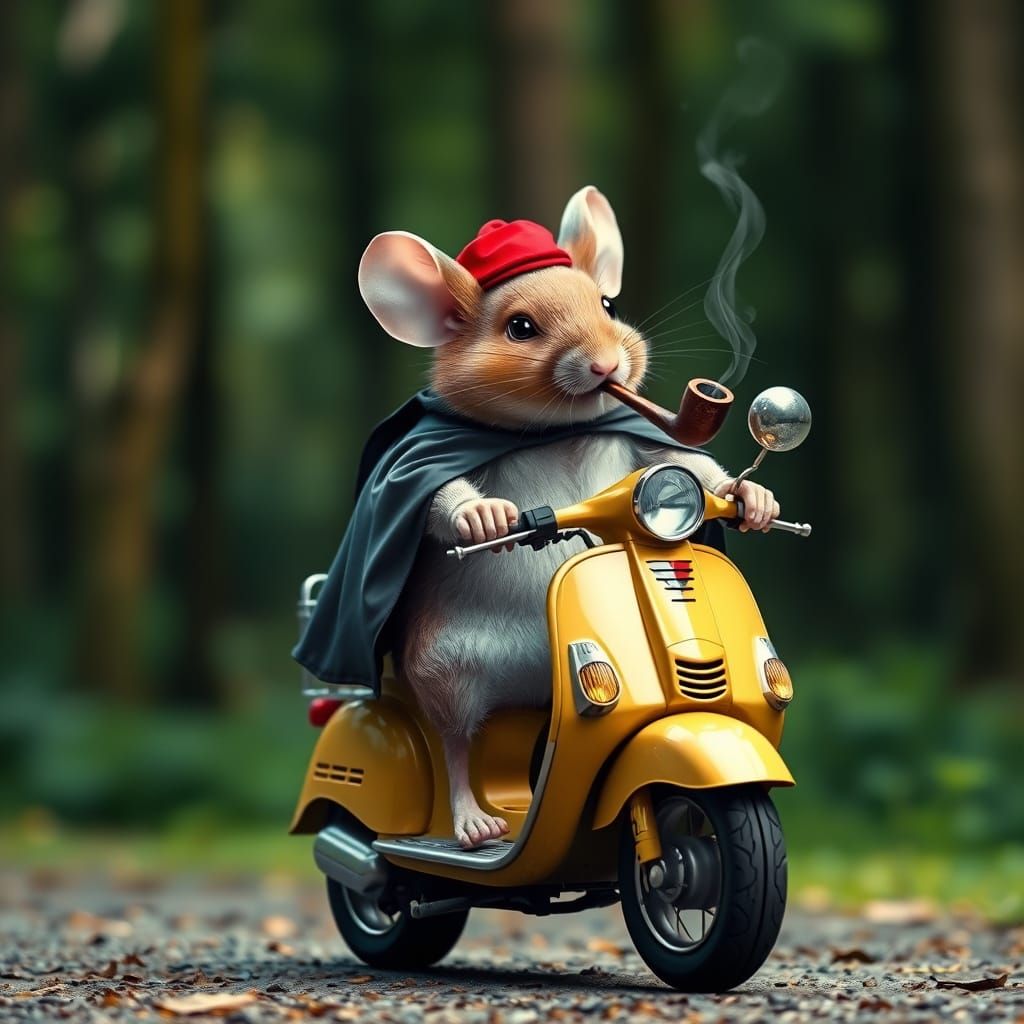 Whimsical Mouse on Moped in Forest Glade