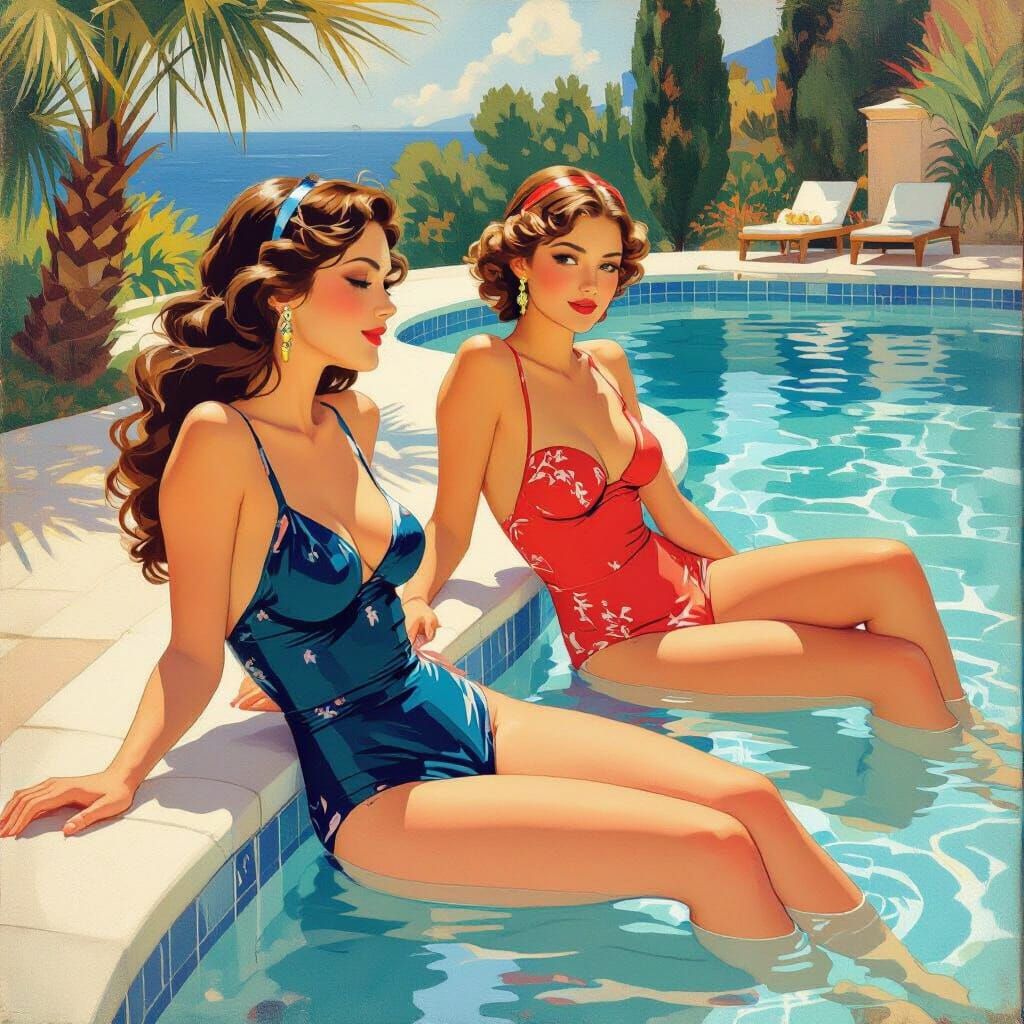 Women Lounging Poolside in Art Nouveau Style