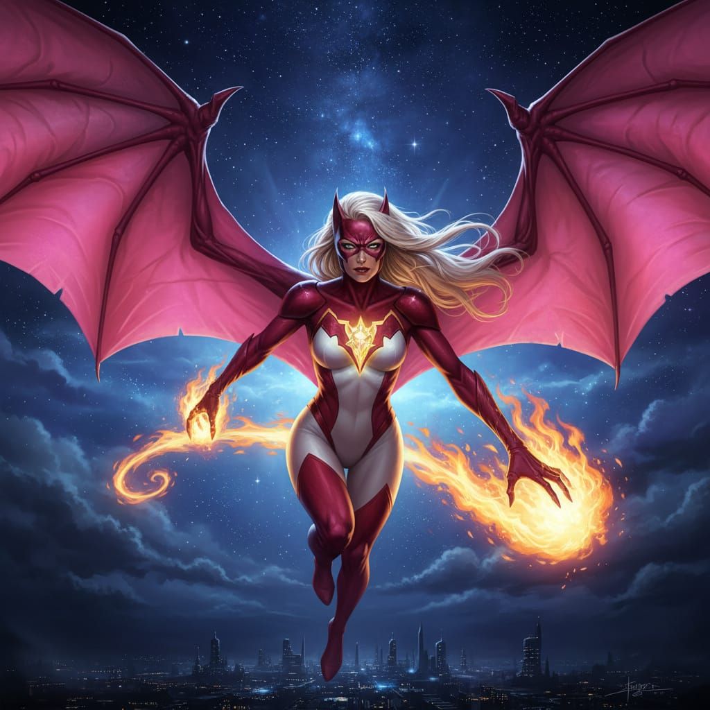Fiery Bat Heroine Soars Through Starry Night Sky