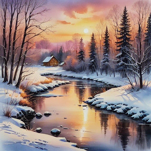 Winter Watercolor Landscape with Sunset Cabin