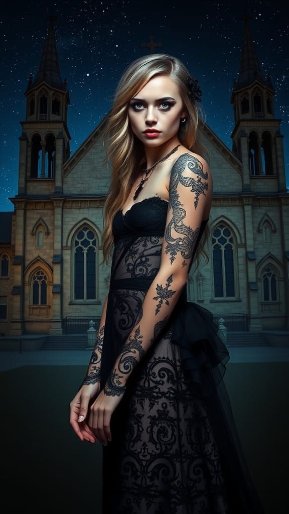 Gothic Tattooed Bride in Starry Night