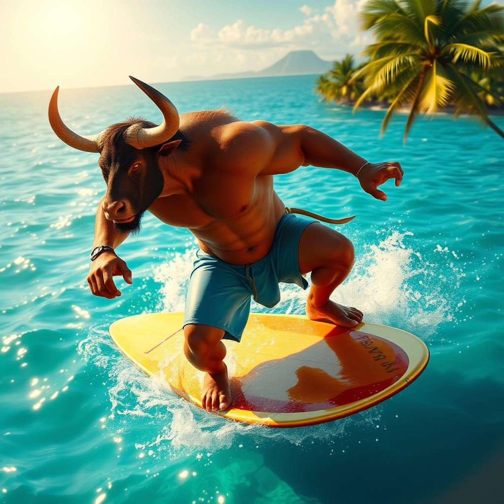 Surreal Surfing Minotaur Rides Golden Wave