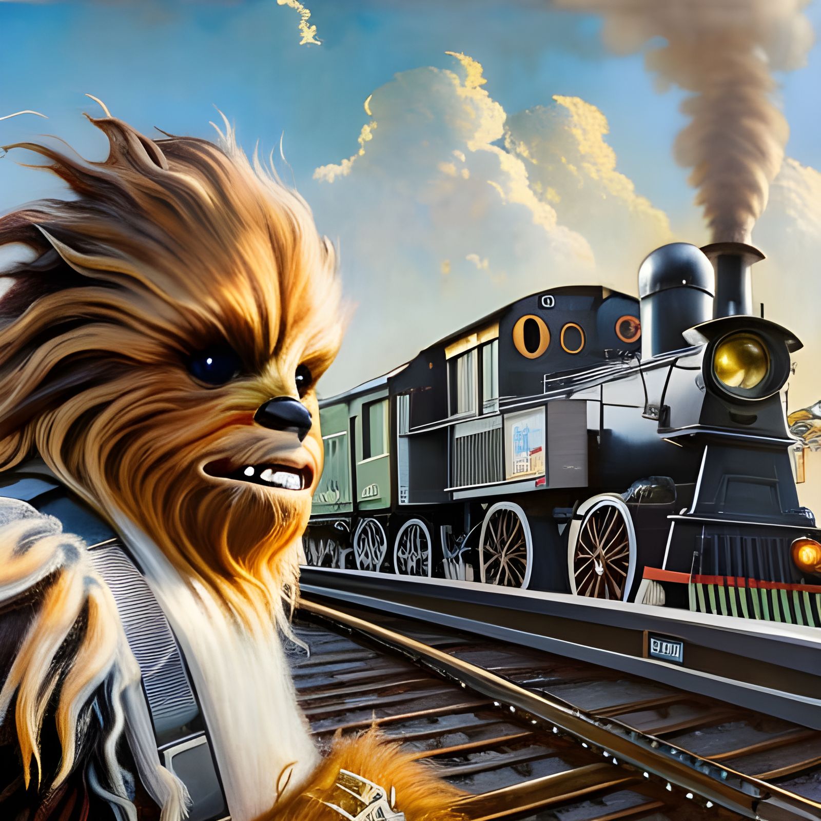 Chewbacca Drives a Train in Rockwell Style