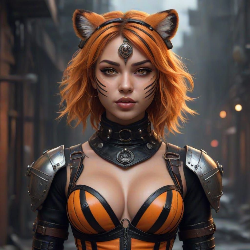 Dieselpunk Tiger Woman in War Zone