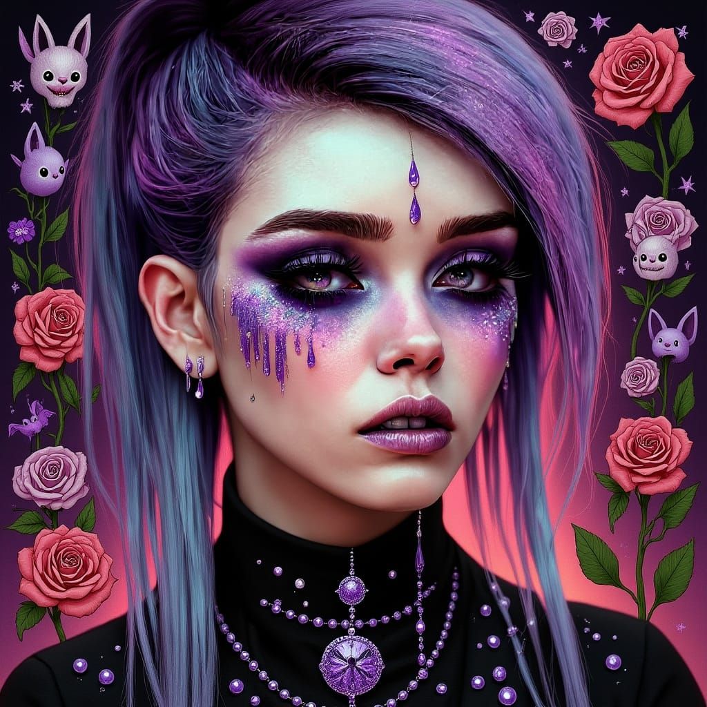 Pastel Goth Portrait with Roses and Occult Symbols