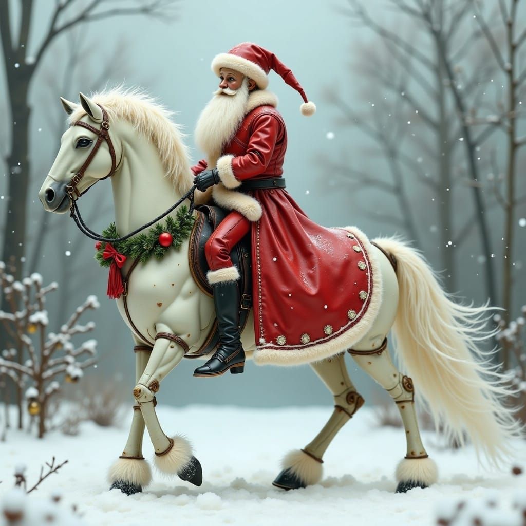 Epic Christmas Cowboy Robot on a White Horse in a Maximalist...