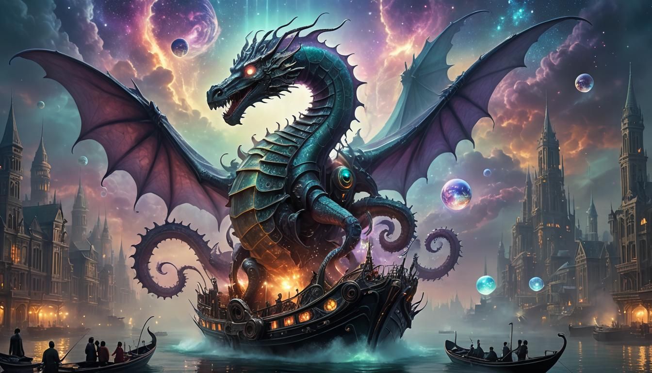 Futuristic Dragon Boat Over Dream City