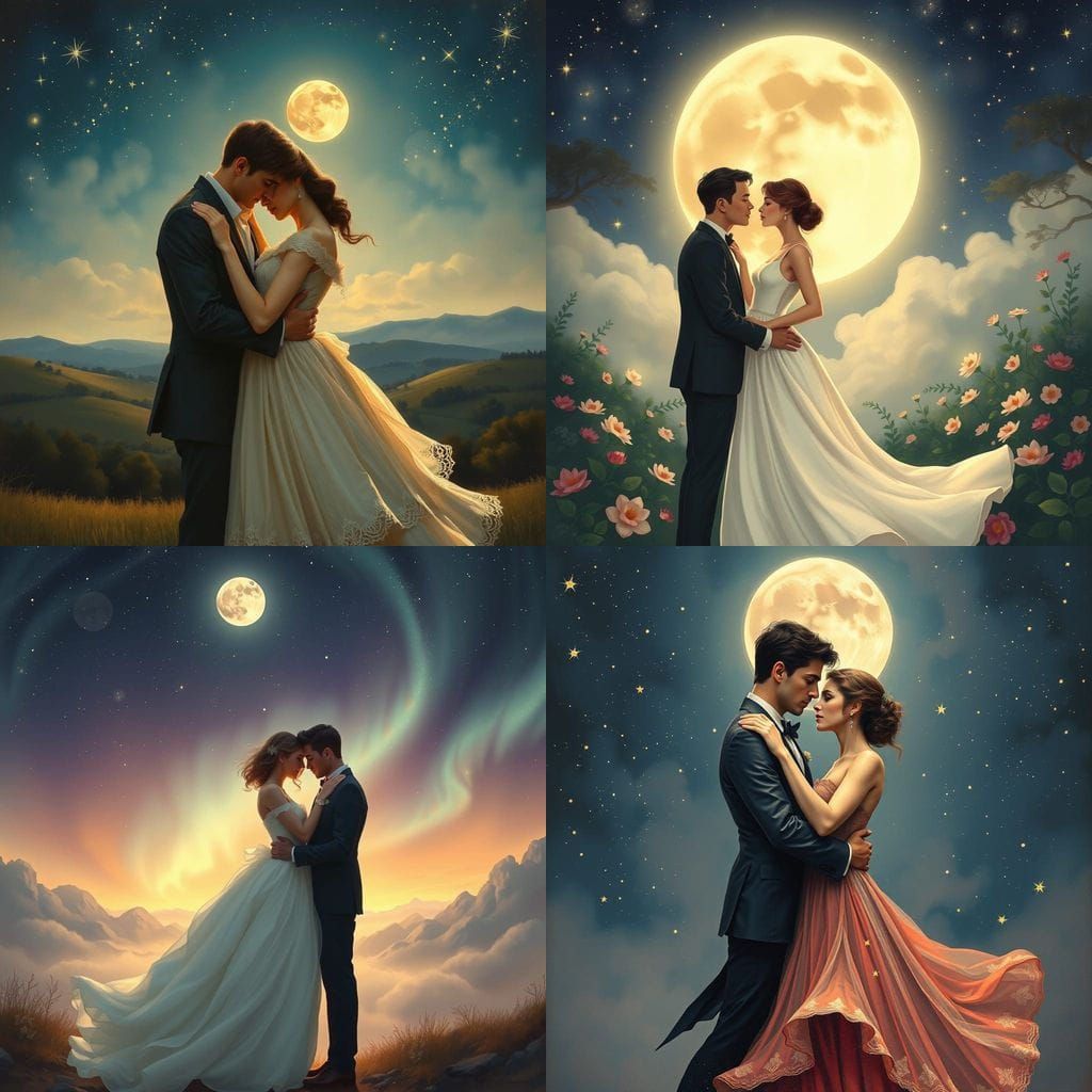 Romantic Moonlit Embrace Under Celestial Lights
