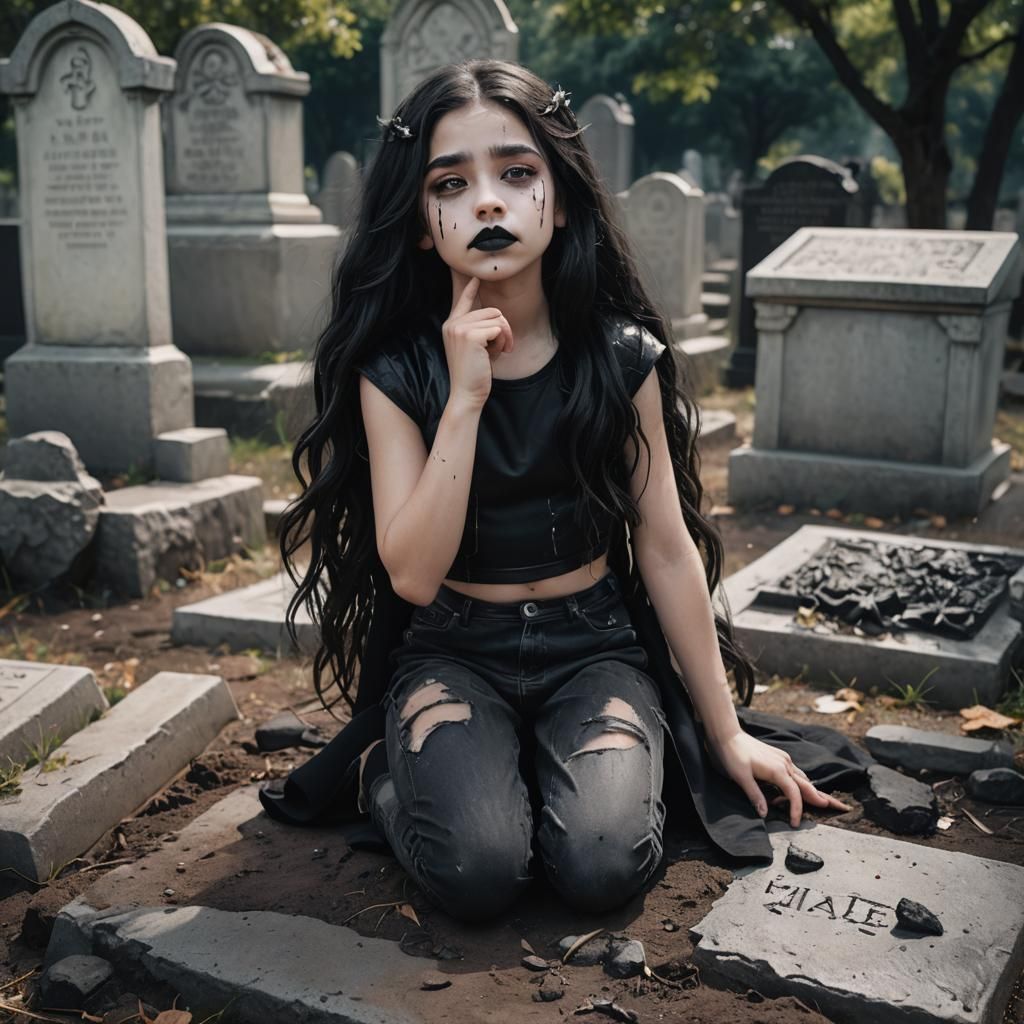 Goth Girl Kneeling in Graveyard: Hyperrealistic Portrait