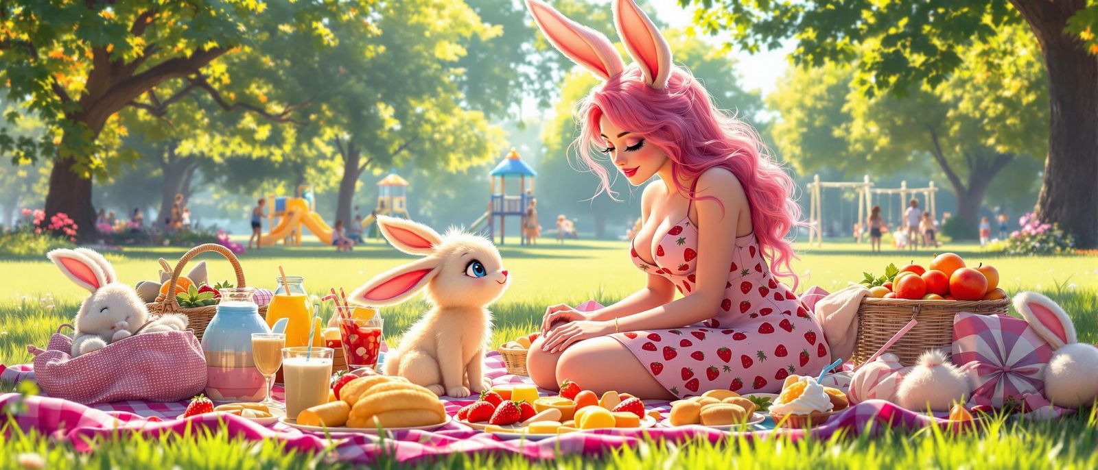 Bunny Woman's Whimsical Picnic in Vibrant Colors