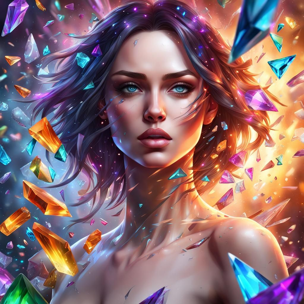Woman Surrounded by Glass Shards in Digital Art Style