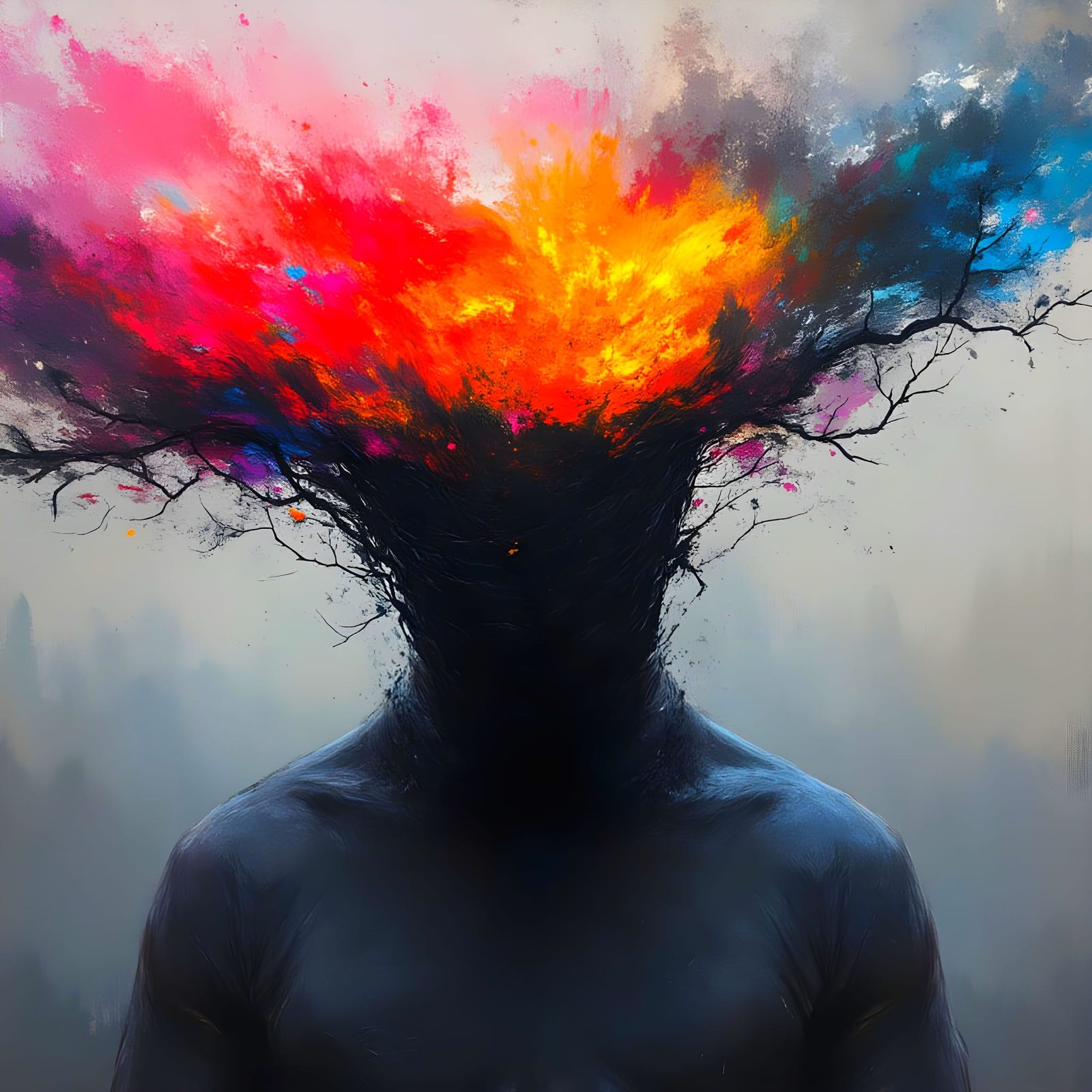 Figure in Shadows with Colorful Explosion, Expressionist Sty...