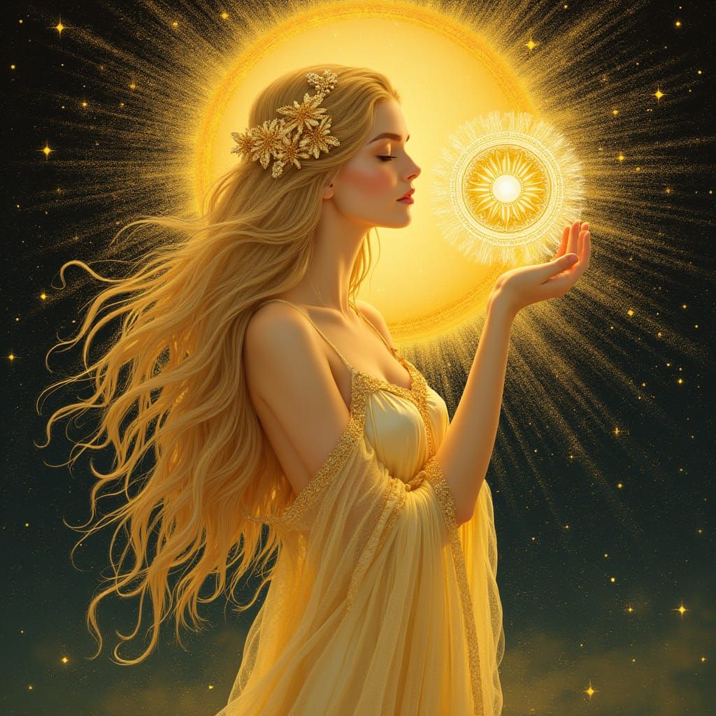 Radiant Sun Goddess in Klimt-Inspired Golden Light