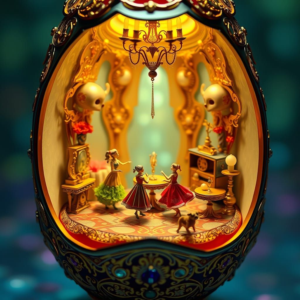 Miniature World Inside Fabergé Egg in Psychedelic Art Nouvea...