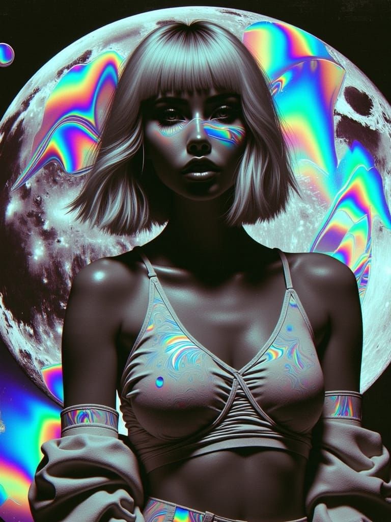 Hyper-Realistic Glitch Art of a Futuristic Woman in Flight