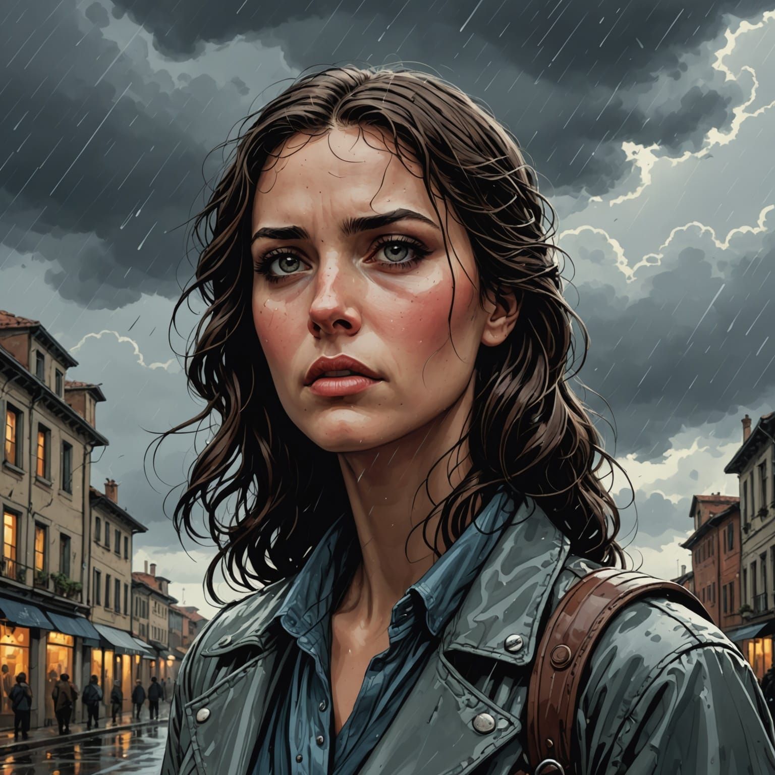 Sad Italian Woman in the Rain: Comic Book Art
