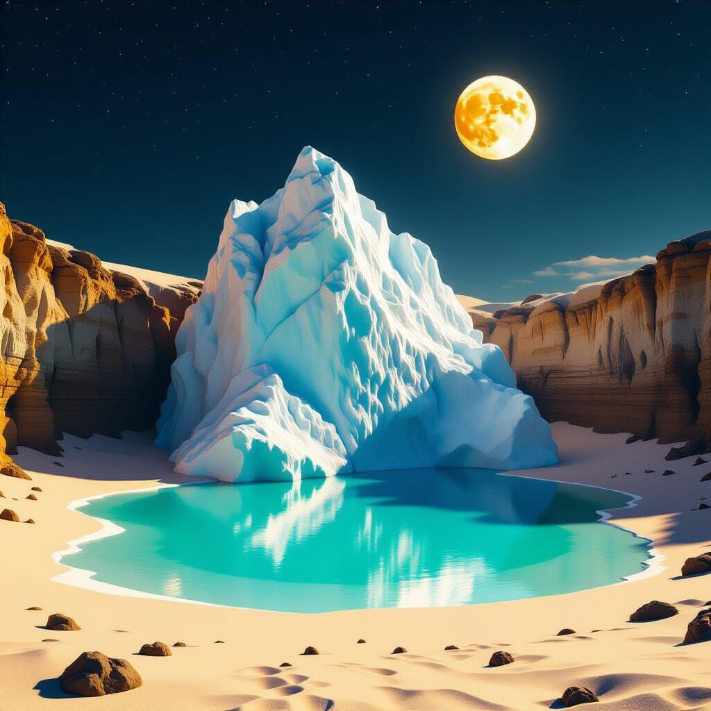 Colossal Iceberg in Lunar Cove Under Full Moon