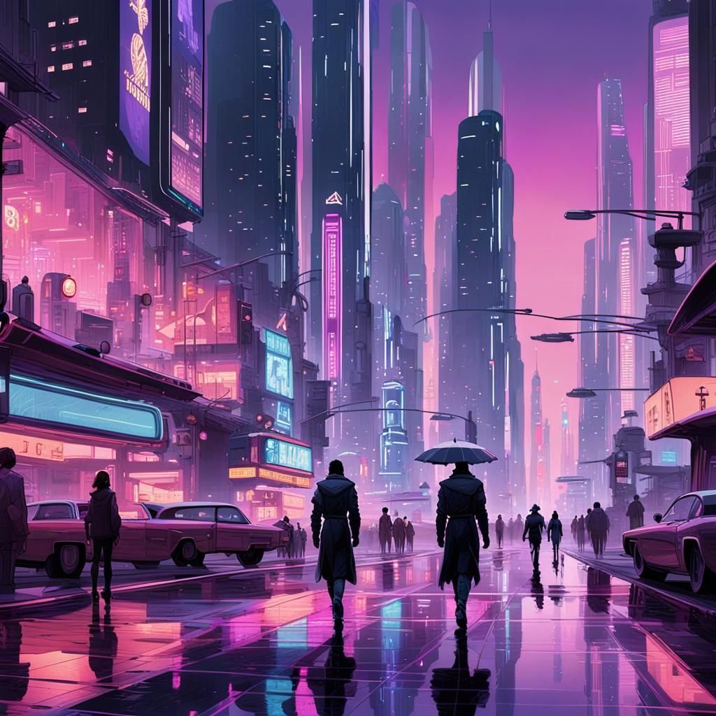Futuristic Metropolis at Dusk in Cyberpunk Style