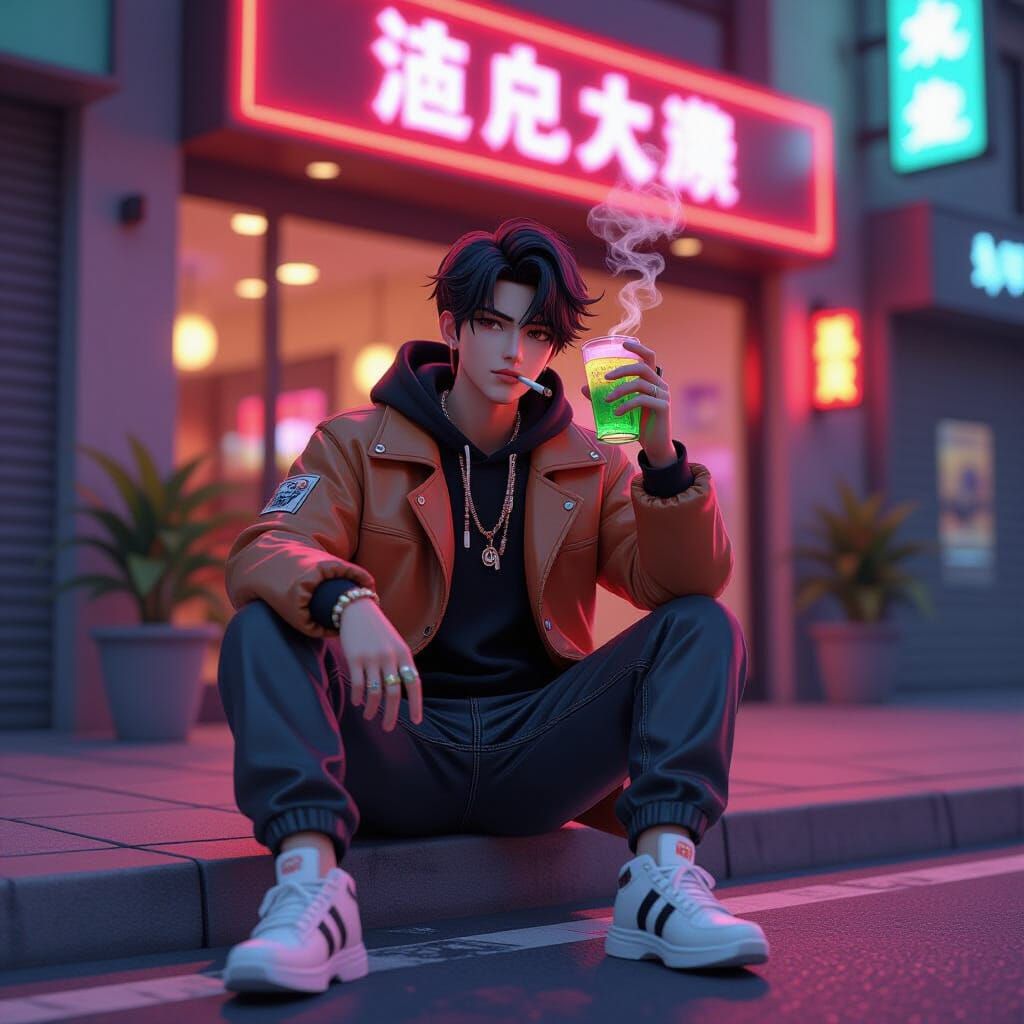 Trendy Man Outside Nightclub in 3D Anime Style
