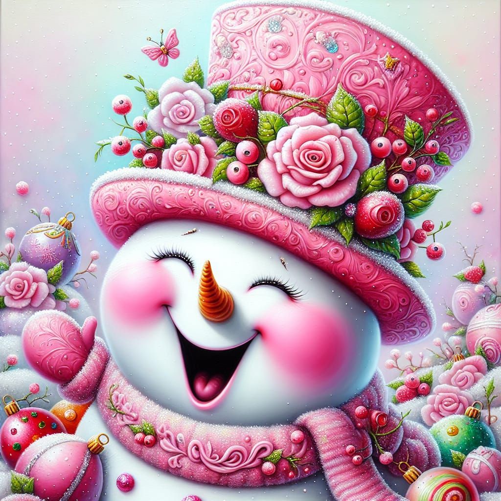 Merry Snowman in Pink Top Hat: Whimsical Oil Painting
