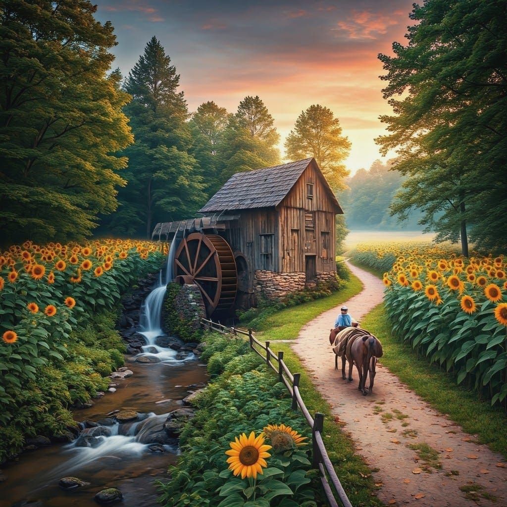 Surreal Waterwheel Mill Scene in Vibrant HDR Style