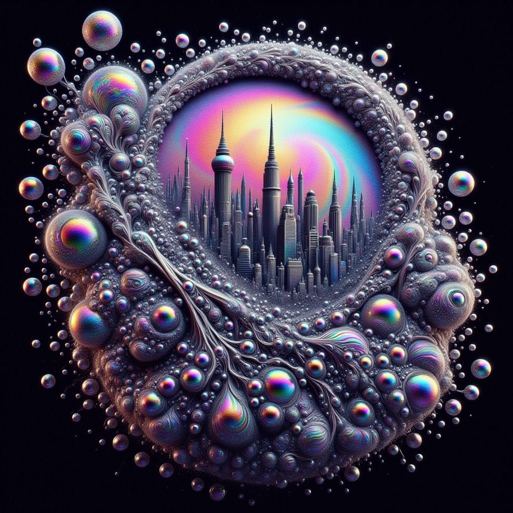 Metropolis Inside Raindrop with Shimmering Bubbles
