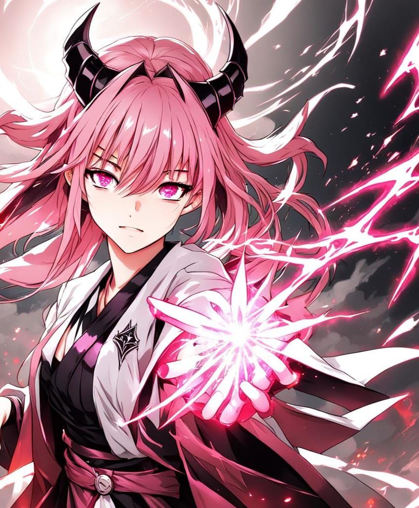 Pink Devil Sorceress Casting Magic Spell in Anime Style
