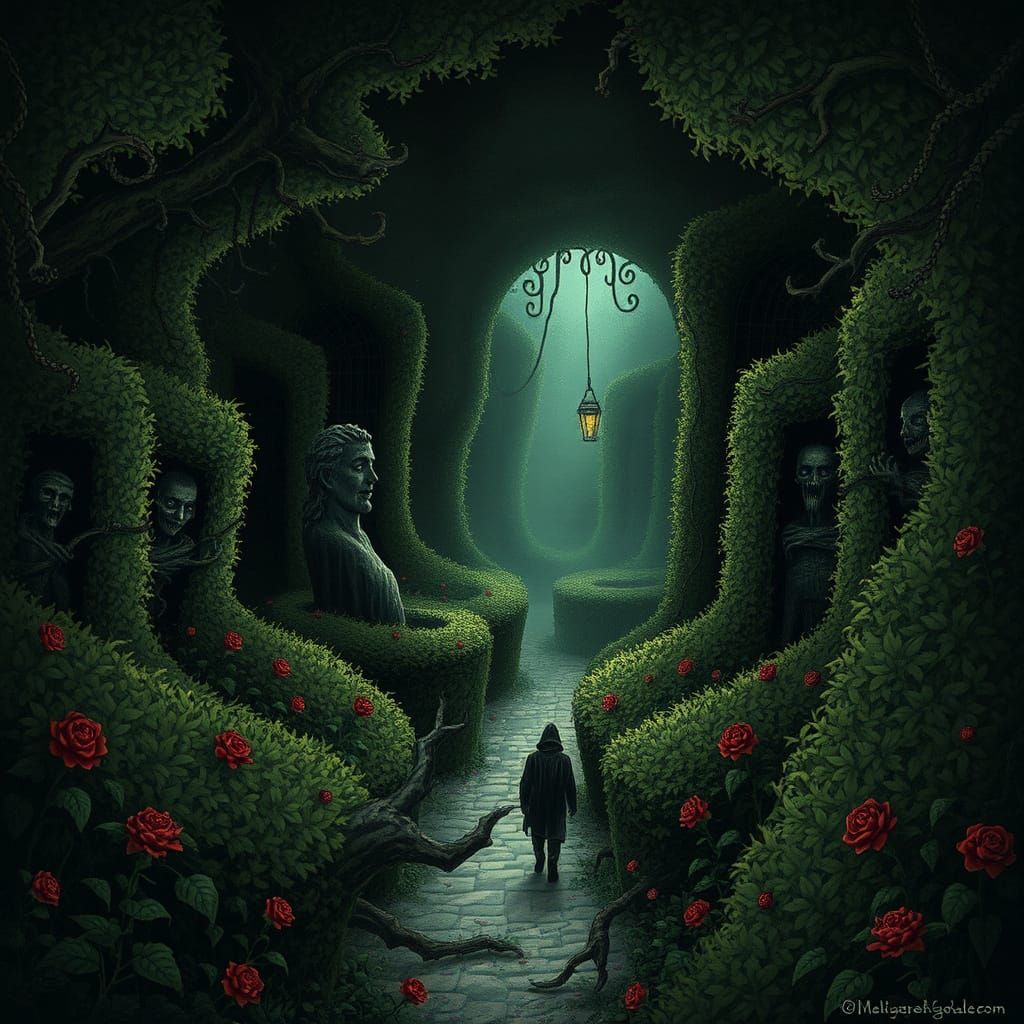 Gothic Hedge Maze with Grotesque Statues