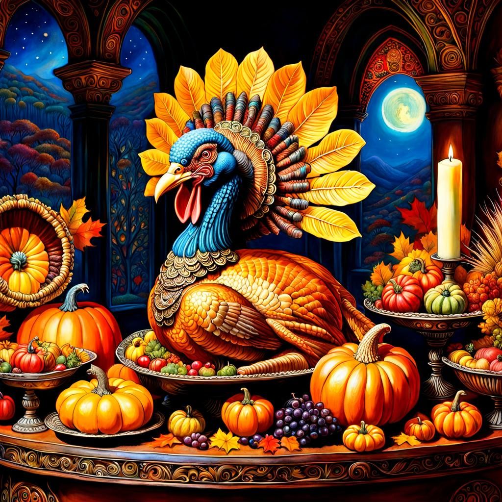 Ornate Thanksgiving Feast with Turkey God in Fusion Art