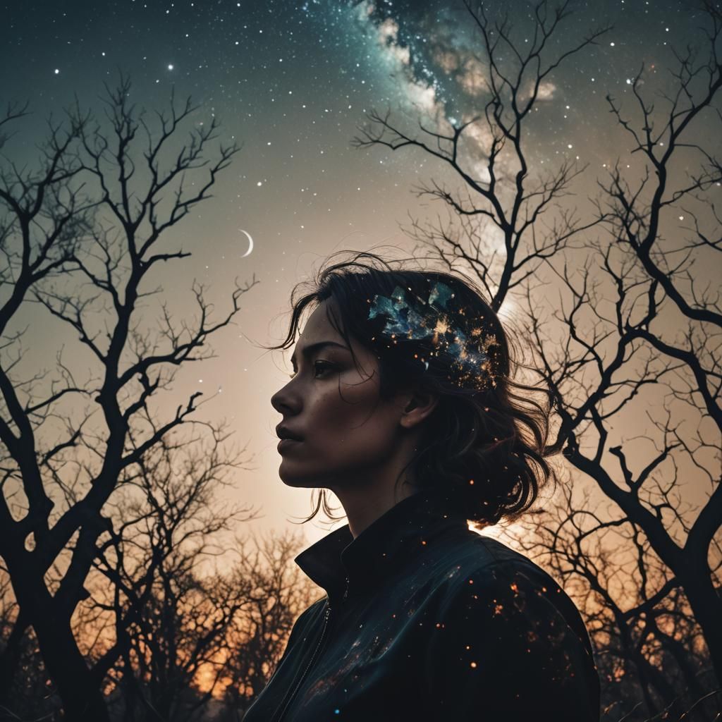 Cosmic Fantasy in Hyperrealistic Style with Double Exposure